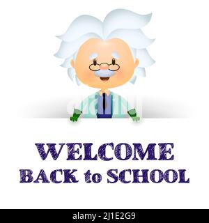 Welcome back to school poster design. Cartoon professor holding white banner with text. Vector illustration can be used for banners, ads, signs Stock Vector