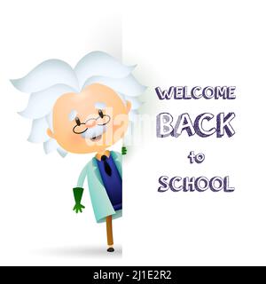 Welcome back to school poster design. Senior professor peeking out white banner with text. Vector illustration can be used for topics like chemistry, Stock Vector