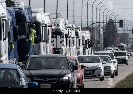 Burgos, Spain. 24th Mar, 2022. A line of trucks seen on Madrid-Irun Highway during the protest. Truckers join the transport strike as they pass through the city of Burgos. The strike is due to the rise in fuel prices and their working conditions, they have been paralyzing the country for a week. Credit: SOPA Images Limited/Alamy Live News Stock Photo