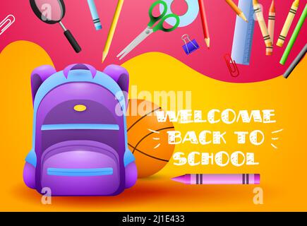 Welcome back to school posters design. Backpack, basketball ball, pen and school supplies on colorful background. Vector illustration can be used for Stock Vector