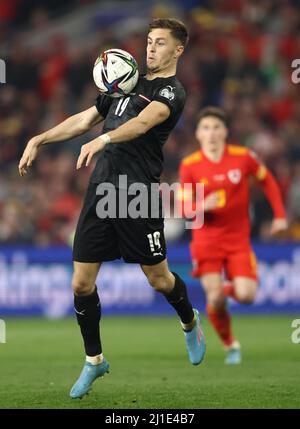 Cardiff, Wales, 24th March 2022.   Christopher Baumgartner of Austria during the FIFA World Cup 2023 Qualifying - European match at the Cardiff City Stadium, Cardiff. Picture credit should read: Darren Staples / Sportimage Stock Photo