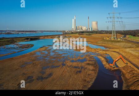 06.01.2022, Germany, North Rhine-Westphalia, Dinslaken - New Emschermuendung into the Rhine. Construction site of the new Emscher river mouth in front Stock Photo