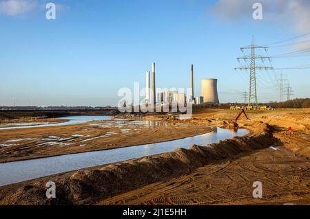 06.01.2022, Germany, North Rhine-Westphalia, Dinslaken - New Emschermuendung into the Rhine. Construction site of the new Emscher river mouth in front Stock Photo