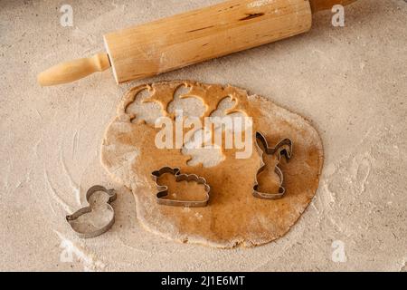 Easter baking flat lay.Spring symbols made from gingerbread.Homemade cookies.Easter bunny,rabbit,eggs and ducks from delicious honey dough.Happy Easte Stock Photo