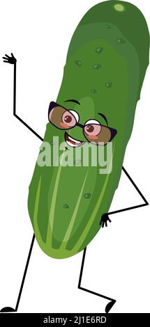 Cucumber character with glasses and happy emotion, joyful face, smile eyes, arms and legs. Person with expression, green vegetable or emoticon. Vector flat illustration Stock Vector