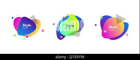 Vibrant colorful liquid graphic elements with text. Dynamical colored forms. Gradient banners with flowing liquid shapes. Template for design of logo, Stock Vector