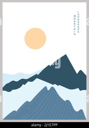 Abstract mountain landscape poster. Geometric landscape background in asian japanese style.  Stock Vector