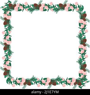 Square frame of pink peony flowers with spruce needles and cones. Spring flowering composition or wreath with leaves. Festive decoration for wedding, holiday and postcard. Vector illustration Stock Vector