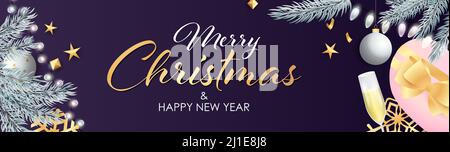 Merry Christmas and Happy New Year design with sparkling silver light bulbs, presents and champagne glass on purple background. Lettering can be used Stock Vector