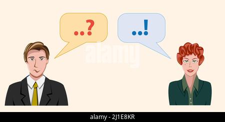 Ask a question and get an answer, solve a problem. Two person in cartoon with question marks and exclamation marks. Concept of doubt and certainty. Ve Stock Vector