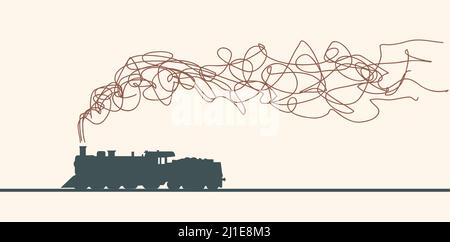 Steam train with smoke making a scribbled cloud. Retro vector background and illustration. Abstract design template for brochures, flyers, magazine, b Stock Vector