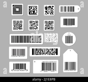 Barcode and QR code vector illustrations set. Various digital bar codes labels and tags design elements collection. Isolated flat vector illustration Stock Vector