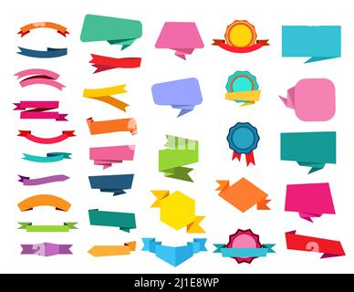 Cartoon ribbon set. Speech bubbles, origami, medal, awards. Banners concept. Vector illustrations can be used for sale, tag, emblem templates Stock Vector