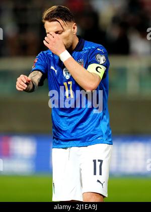 PALERMO, ITALY - MARCH 24: Ciro Immobile of Italy Disappointed  ,during the 2022 FIFA World Cup Qualifier knockout round play-off match between Italy and North Macedonia at Stadio Renzo Barbera on March 24, 2022 in Palermo, . (Photo by MB Media) Stock Photo