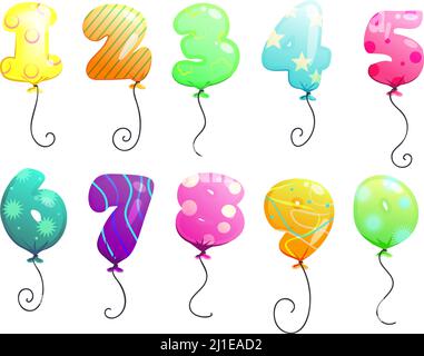 Air balloons numbers set. Air balloons, numbers, multicolored drawing. Festive decoration concept. Vector illustration can be used for topics like bir Stock Vector