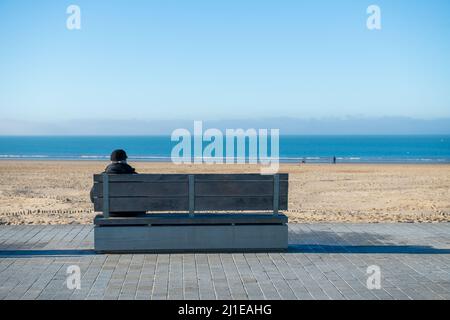Retired man looking at the sea sitting on a bench Stock Photo