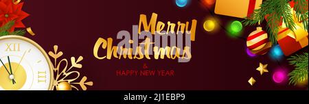 Merry Christmas and Happy New Year design with sparkling colorful light bulbs, presents and clock coming to midnight on dark red background. Lettering Stock Vector