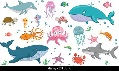 Marine life, set, sea animals and fish, various poses and situations, drawing, vector, images, cartoon Stock Vector