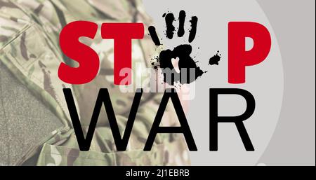 Digital composite image of stop war text with hand symbol over military soldier Stock Photo