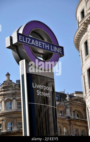 A sign for for new Elizabeth Line underground station at Liverpool Street in London Stock Photo