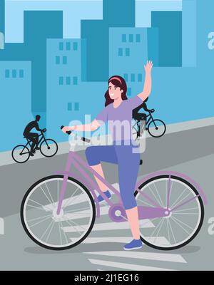 female cyclist and cyclists silhouettes Stock Vector