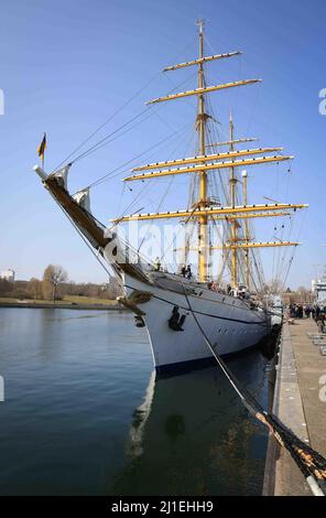 Kiel, Germany. 25th Mar, 2022. The sail training ship 'Gorch Fock' lies on the pier at the Kiel-Wik naval base. The navy's sail training ship returned to its home port after a four-month training voyage. Credit: Christian Charisius/dpa/Alamy Live News Stock Photo