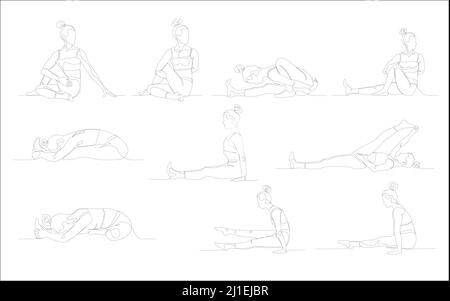 Set of slim athletic young woman doing yoga and fitness. Healthy lifestyle. Collection of one line drawn female characters demonstrating different yog Stock Photo