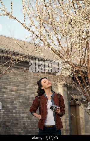 Female photographer under a peach blossom tree - stock photo Stock Photo