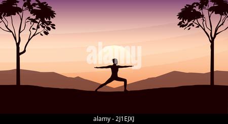 yoga girl on beautiful landscape with big trees and mountain view at sunset Stock Vector