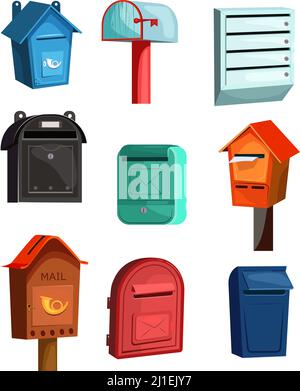 Mail boxes icons set. Flat icons on white background. Wood, red, blue and green mail boxes. Post service concept. Vector illustration can be used for Stock Vector