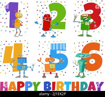 Cartoon illustration design of the birthday greeting cards set for children with robot characters Stock Vector