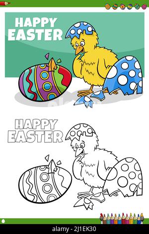 Cartoon illustration of happy Easter chick character hatching from Easter egg coloring book page Stock Vector