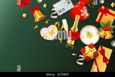 Christmas festive banner with fest symbols on green background. Decorative design can be used for invitations, post cards, announcements Stock Vector
