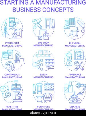 Starting manufacturing business blue gradient concept icons set Stock Vector