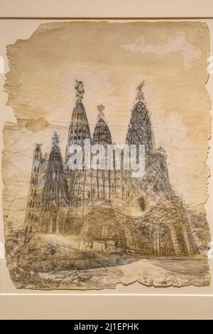 Gaudí's original plans of the Colònia Güell church at the Gaudí exhibition at the MNAC museum in 2021 (Barcelona, Catalonia, Spain) Stock Photo