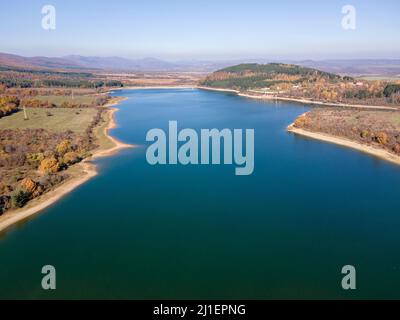 Aerial Autumn view of Izvor Reservoir at Konyavska Mountain, Pernik region, Bulgaria Stock Photo