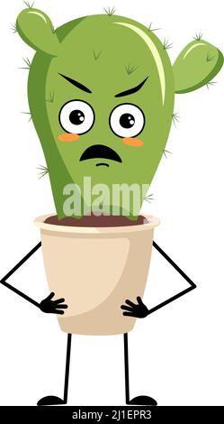 Cute cactus character in pot with angry emotions, grumpy face, furious eyes, arms and legs. Houseplant with irritated expression. Vector flat illustration Stock Vector