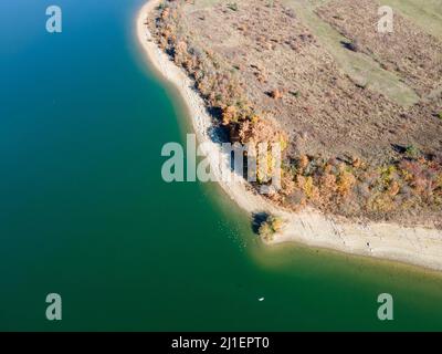 Aerial Autumn view of Izvor Reservoir at Konyavska Mountain, Pernik region, Bulgaria Stock Photo