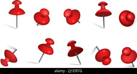 Set of red paper pins. Thumbtack, note, information. Can be used for topics like background, collection, reminder Stock Vector