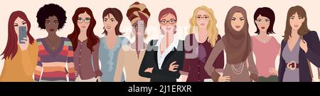 Group diversity women and girls.Portrait of multicultural and multiethnic women.Female social network community. Equality. Allyship. Empowerment. Stock Vector