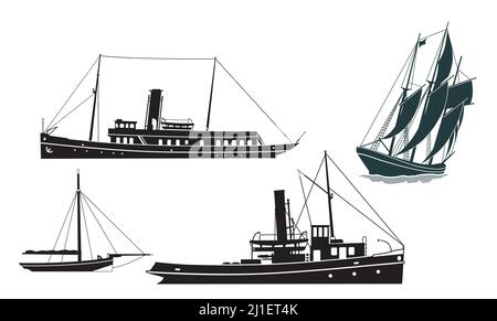 Steamships and Sailing ship,, isolated on white, illustration Stock Vector