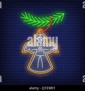 Christmas angel cookie neon sign. Fir tree, bauble, hanging. Vector illustration in neon style for topics like sweet, Xmas, traditional dinner, desser Stock Vector