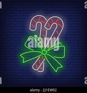 Candy canes neon sign. Sugar canes, ribbon, bow. Vector illustration in neon style for topics like Christmas, dessert, sweet Stock Vector
