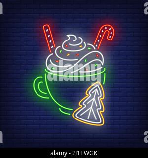 Christmas drink neon sign. Cocoa, cream, egg-nog, mug, cookie, candy cane. Vector illustration in neon style for topics like Christmas, dessert, sweet Stock Vector