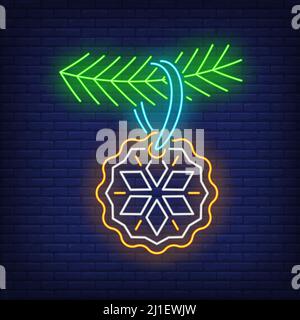 Christmas cookie neon sign. Fir tree, bauble, snowflake. Vector illustration in neon style for topics like sweet, Xmas, traditional dinner, dessert Stock Vector
