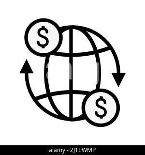 Global transfer thin line icon money moving around globe. Abstract vector icon on the white, Illustration isolated for graphic and web design. Simple Stock Vector