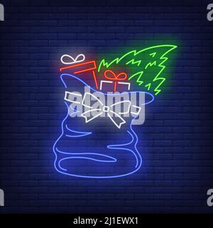 Christmas gifts in bag neon sign. Boxes, sack, fir tree. Vector illustration in neon style for topics like Xmas, New Year, giving presents Stock Vector