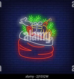 Christmas gifts in sack neon sign. Bag, fir tree, forest animals, squirrel. Vector illustration in neon style for topics like Xmas, New Year, giving p Stock Vector