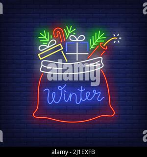 Christmas presents in sack neon sign. Bag, boxes, wrap, fir tree. Vector illustration in neon style for topics like Xmas, New Year, giving gifts Stock Vector