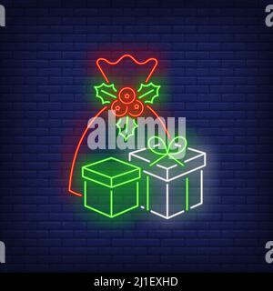 Christmas presents neon sign. Bag, sack, boxes, wrap, mistletoe. Vector illustration in neon style for topics like Xmas, New Year, giving gifts Stock Vector